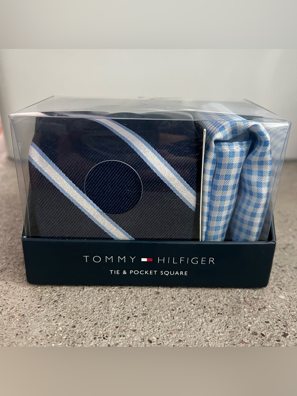 Tommy Hilfiger Navy & Light Blue Striped Tie with Light Blue Check Pocket Square